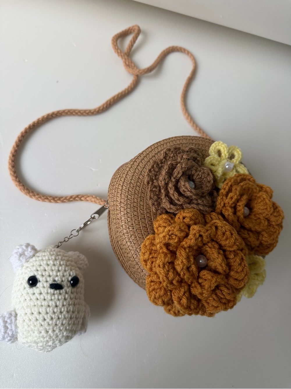Handcrafted Brown Crochet Flower Crossbody Bag with Plush Charm